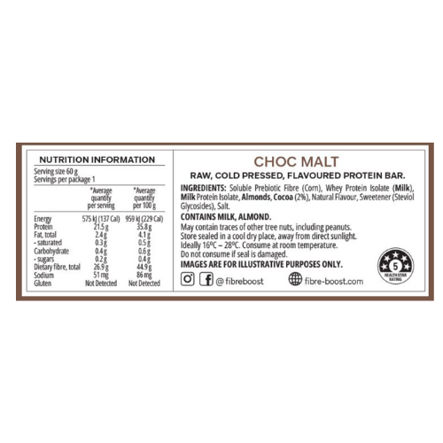 FIBRE BOOST Cold Pressed Protein Bar - Choc Malt 60g