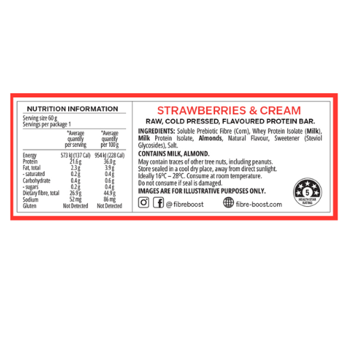 FIBRE BOOST Cold Pressed Protein Bar - Strawberries & Cream 60g