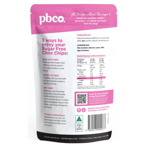 PBCo 98% Sugar Free Chocolate Chips - 220g