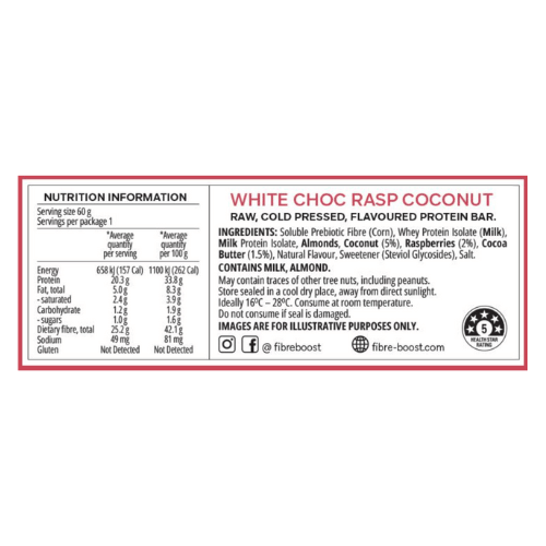 FIBRE BOOST Cold Pressed Protein Bar - White Choc Raspberry Coconut - 60g