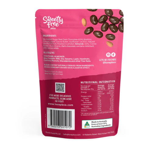 PBCo Sweetly Free Almonds Dark Chocolate No Sugar Added 110g