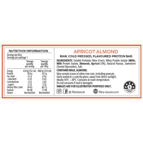 BULK Fibre Boost Cold Pressed Protein Bar - Apricot Almond 60g x 12