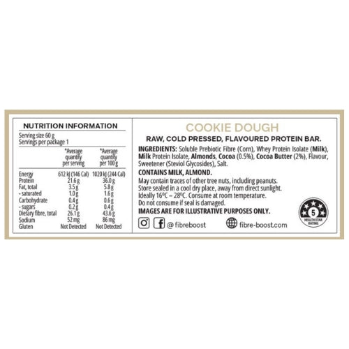 Bulk FIBRE BOOST Cold Pressed Protein Bar - Cookie Dough 60g x 12