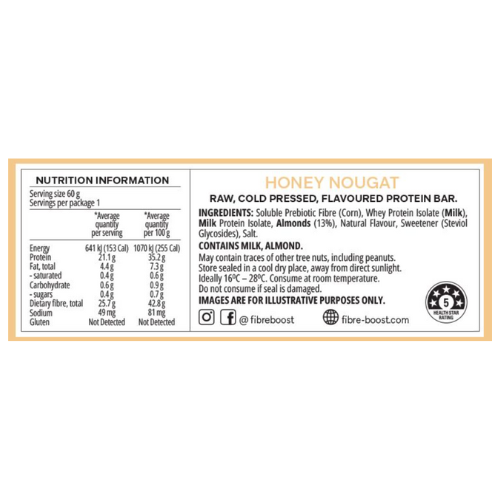 FIBRE BOOST Cold Pressed Protein Bar - Honey Nougat 60g