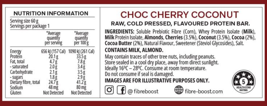 FIBRE BOOST Cold Pressed Protein Bar - Choc Cherry Coconut 60g